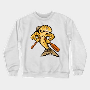 Brown Trout Salmo Trutta or Salmon Breaking an Oar or Paddle Cartoon Mascot Color Crewneck Sweatshirt